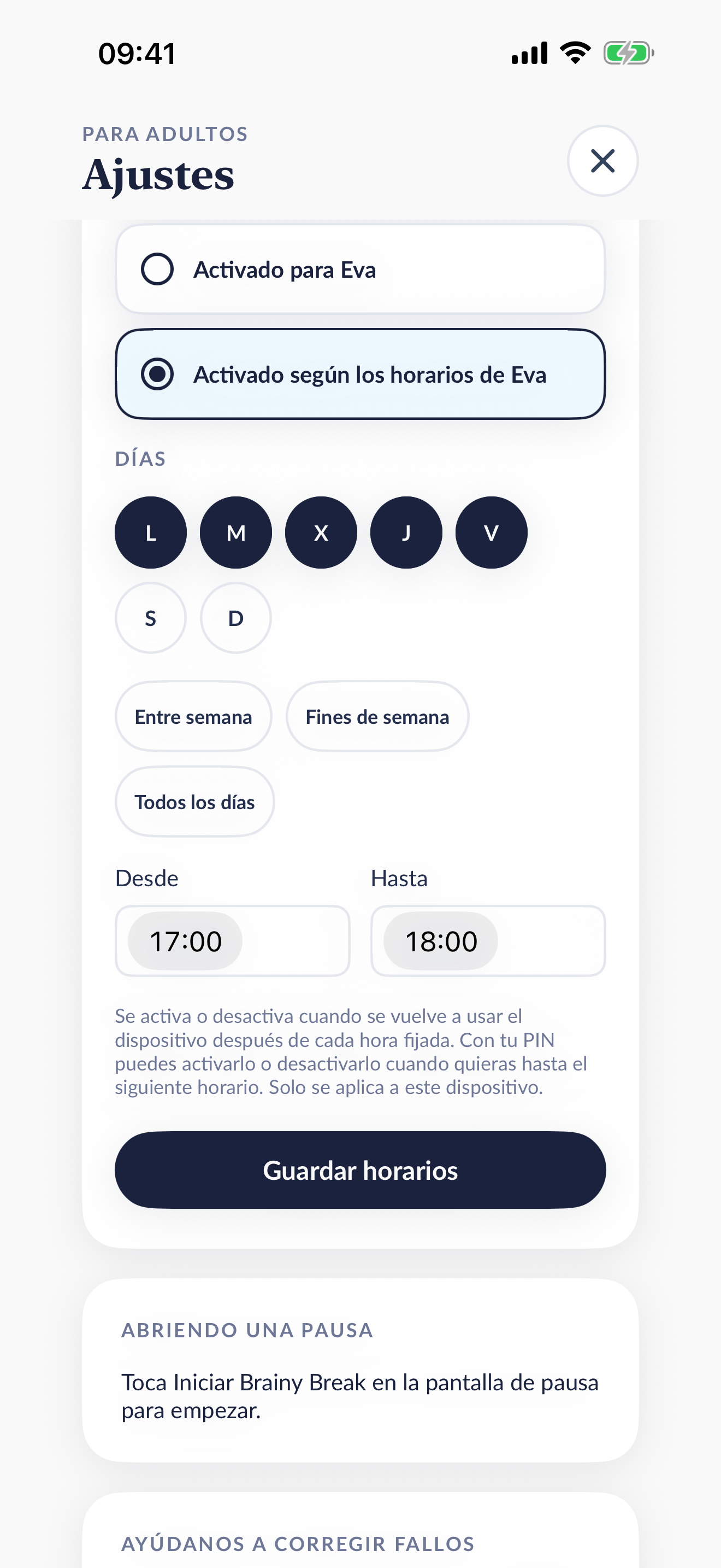 Los ajustes de horarios de Brainy Break en español, de lunes a viernes, de 17:00 a 18:00.