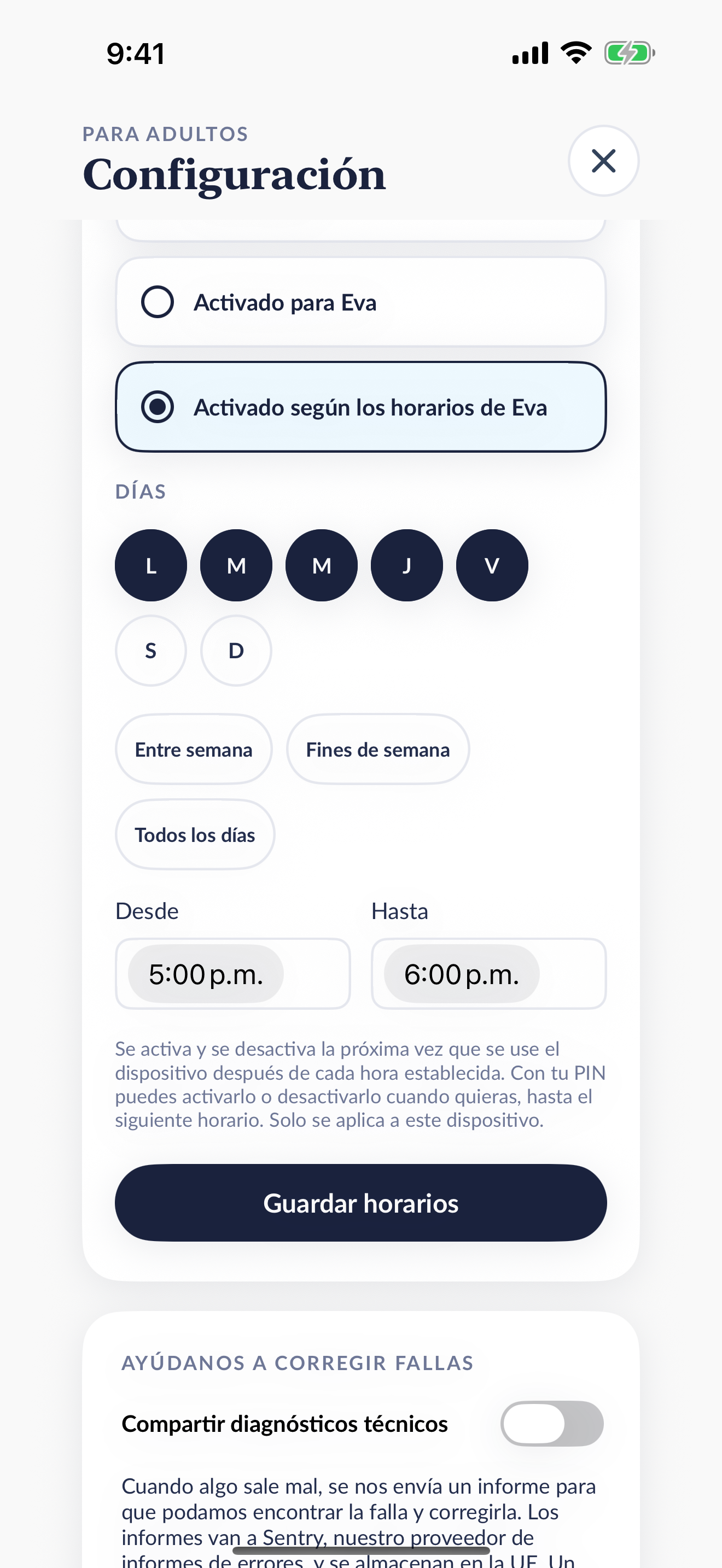 La pantalla de horarios de Brainy Break en español latinoamericano, de lunes a viernes, de 5:00 p.m. a 6:00 p.m.