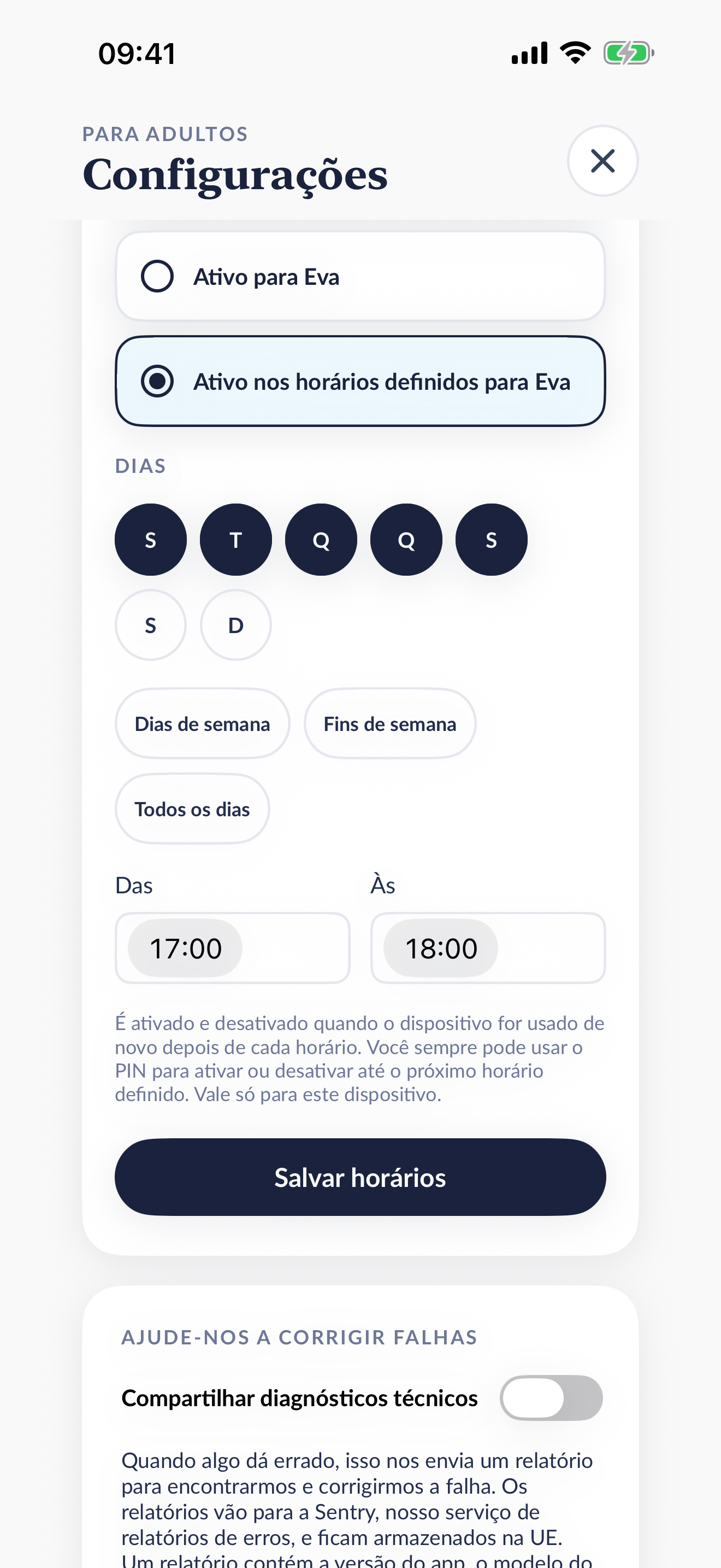 A tela de horários do Brainy Break em português do Brasil, de segunda a sexta-feira, das 17:00 às 18:00.