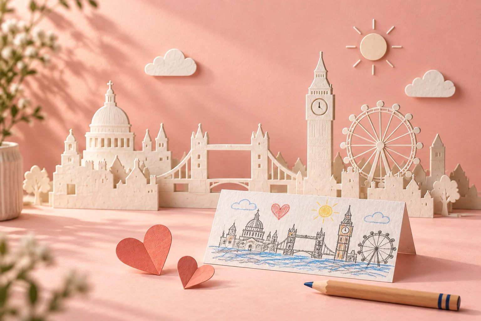 Paper London landmarks, a child’s drawing, folded hearts and a pencil on a pink craft table.